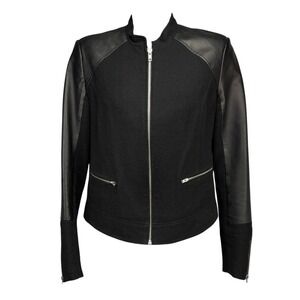 LAMARQUE Leather Linen Blend Zipper Sleeves Black Bomber Jacket Size M